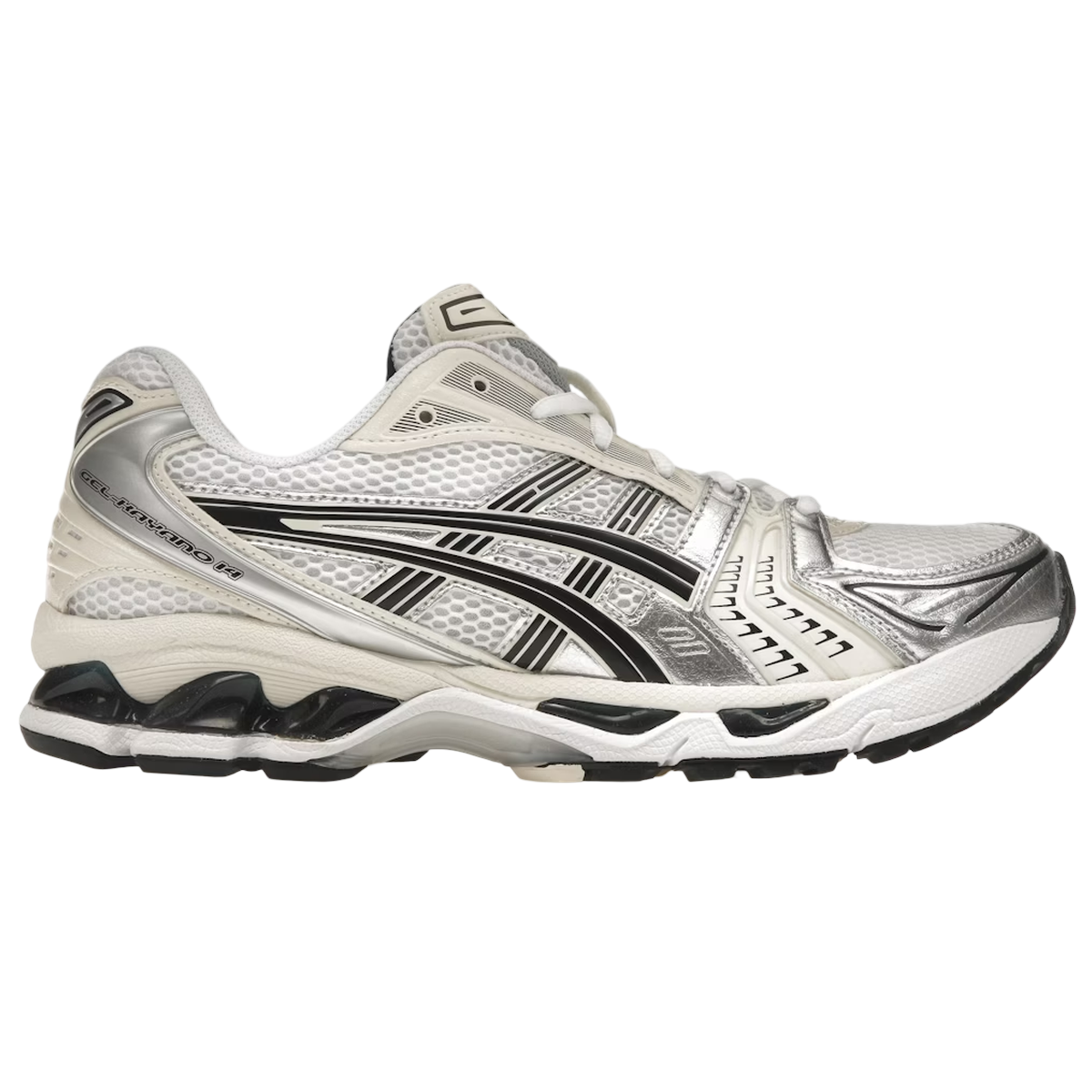 Asics Gel-Kayano 14 White Midnight sneakers set fra siden med hvide mesh-detaljer, mørkeblå detaljer og klassisk støttende gummisål