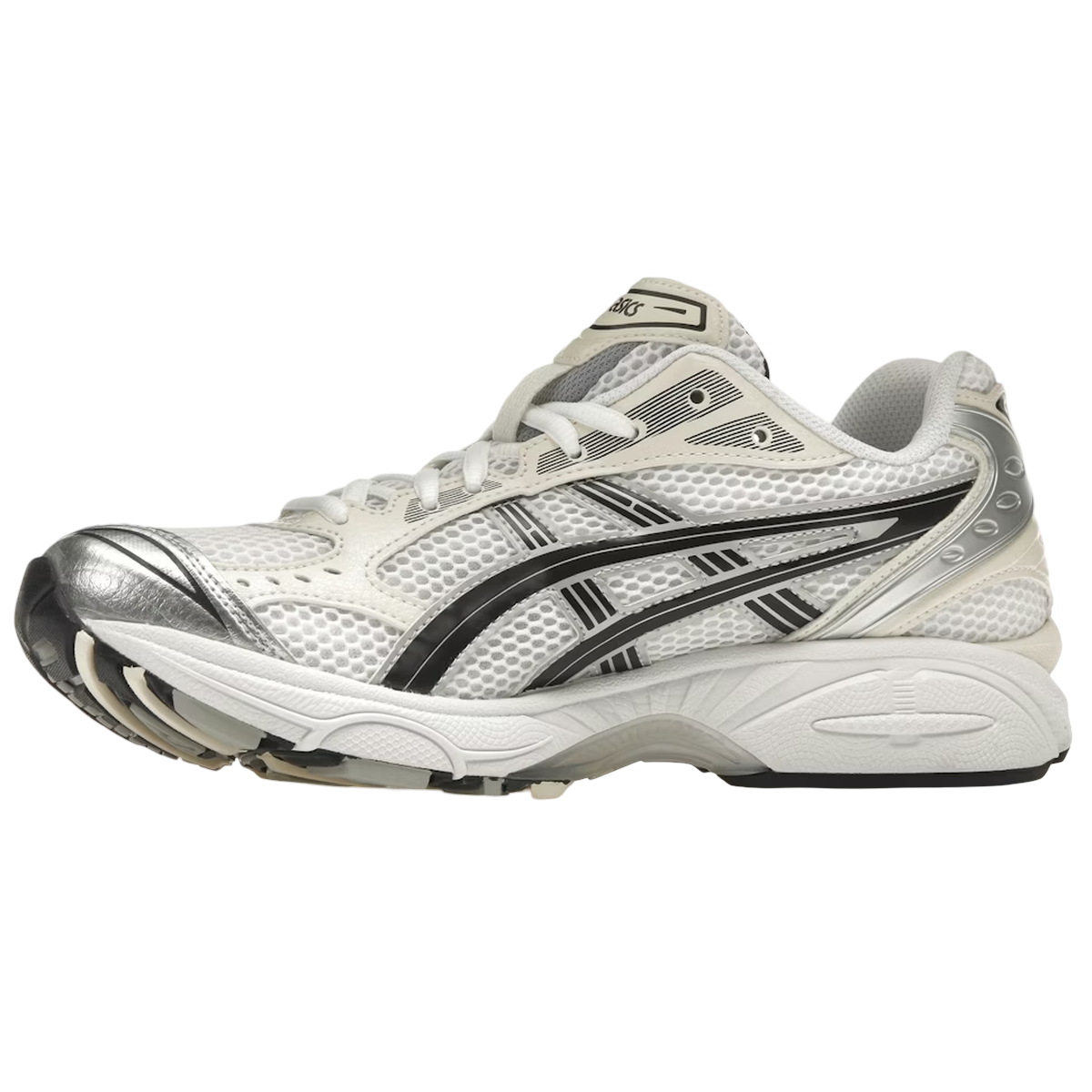 Asics Gel-Kayano 14 White Midnight sneakers i en flot profil med hvid mesh, sølv detaljer og sort kontrast på sål samt hæl