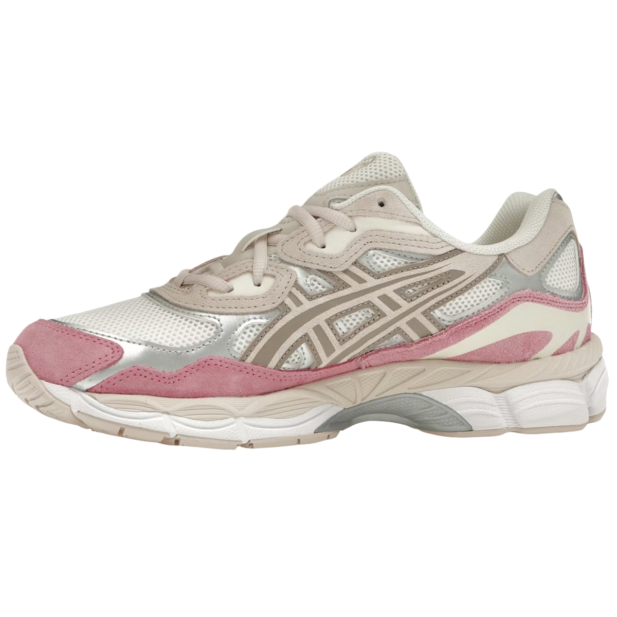 Asics Gel-NYC Cream Mineral Beige Pink sneakers set fra siden med creme beige overdel, lyserøde detaljer og den stødabsorberende GEL-sål