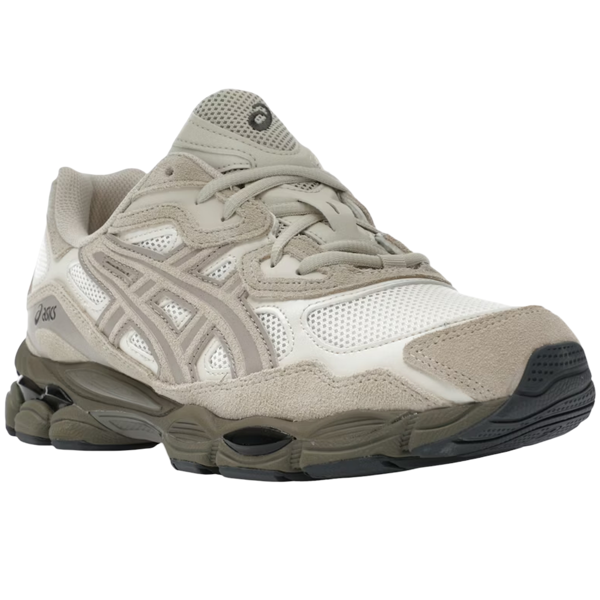 Asics Gel-NYC Cream Putty sneakers set fra siden med beige mesh-overdel, grå læderdetaljer og en stødabsorberende GEL-mellemsål i hvid og beige.