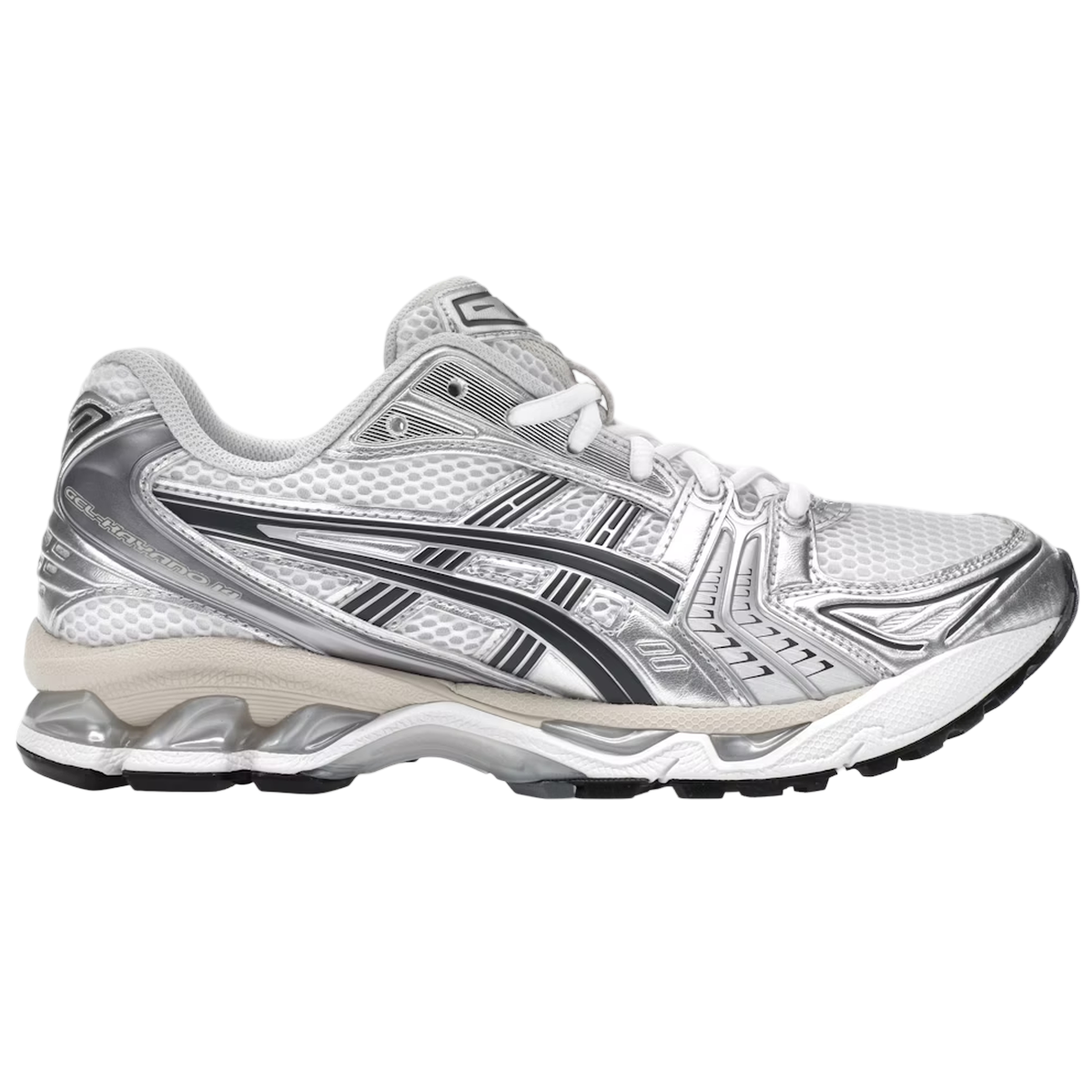 Asics Gel-Kayano 14 White Graphite Grey sneakers i profil med hvid mesh-overdel, grå detaljer og klassisk støddæmpende mellemsål.