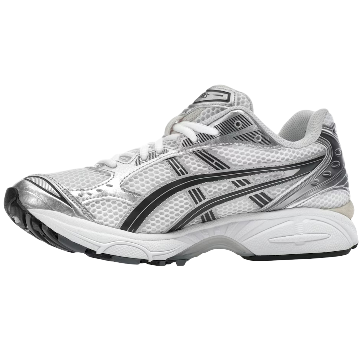 Asics Gel-Kayano 14 White Graphite Grey sneakers set fra siden med hvid mesh-overdel, grå læderdetaljer og robust støddæmpende gummisål