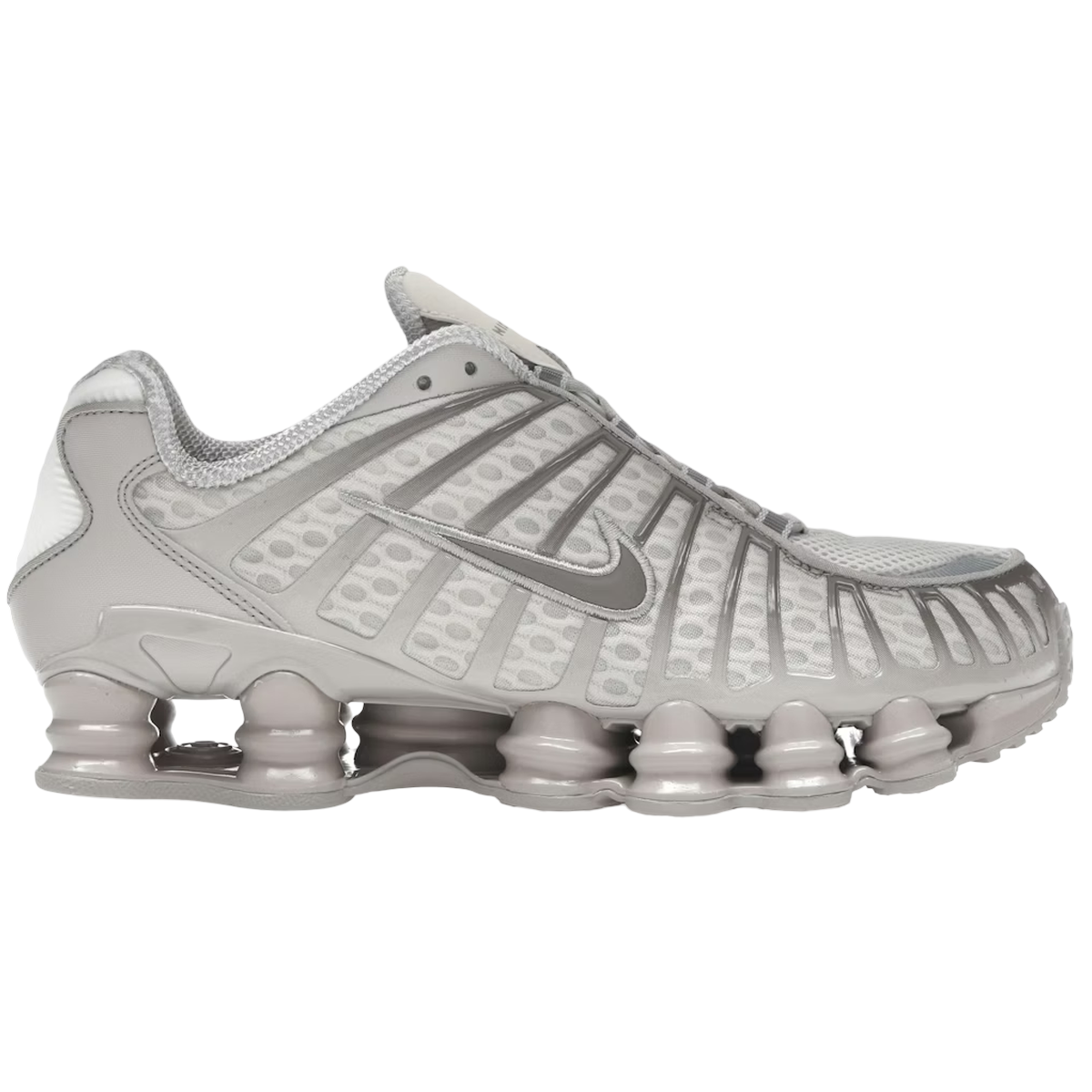 Nike Shox TL Orewood Brown Cave Stone sneakers i sideprofil med karakteristiske støddæmpende fjedre, mesh-overdel og beige nuancer