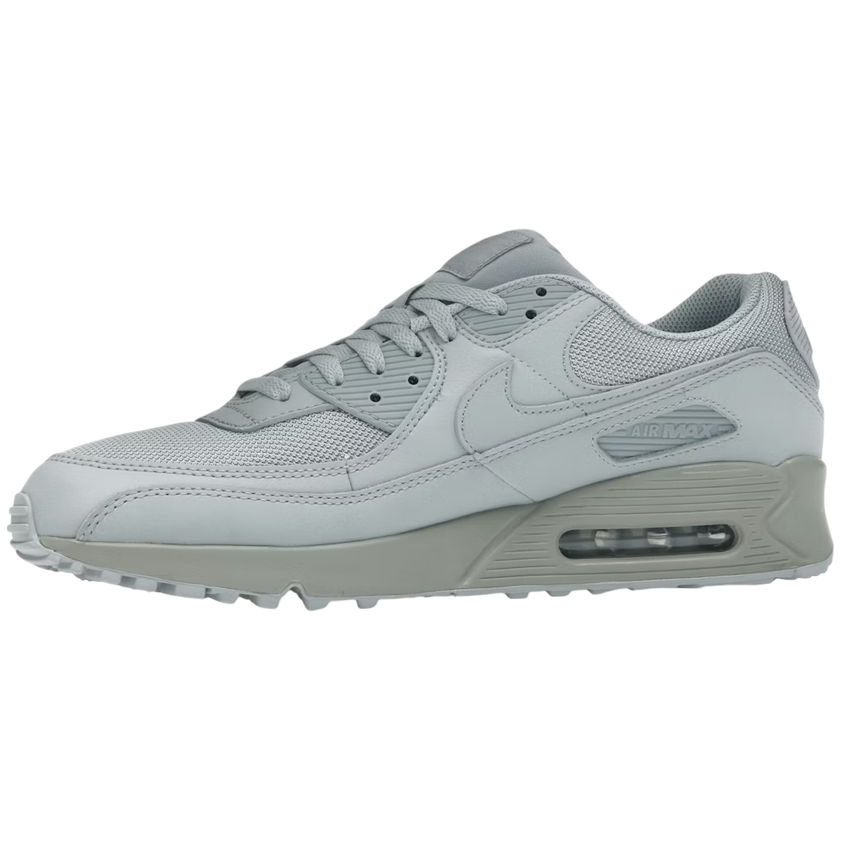 Nike Air Max 90 Wolf Grey sneakers i sideprofil, der viser den ikoniske grå farve, synlig Air-enhed i hælen og det klassiske Swoosh-logo på siden.