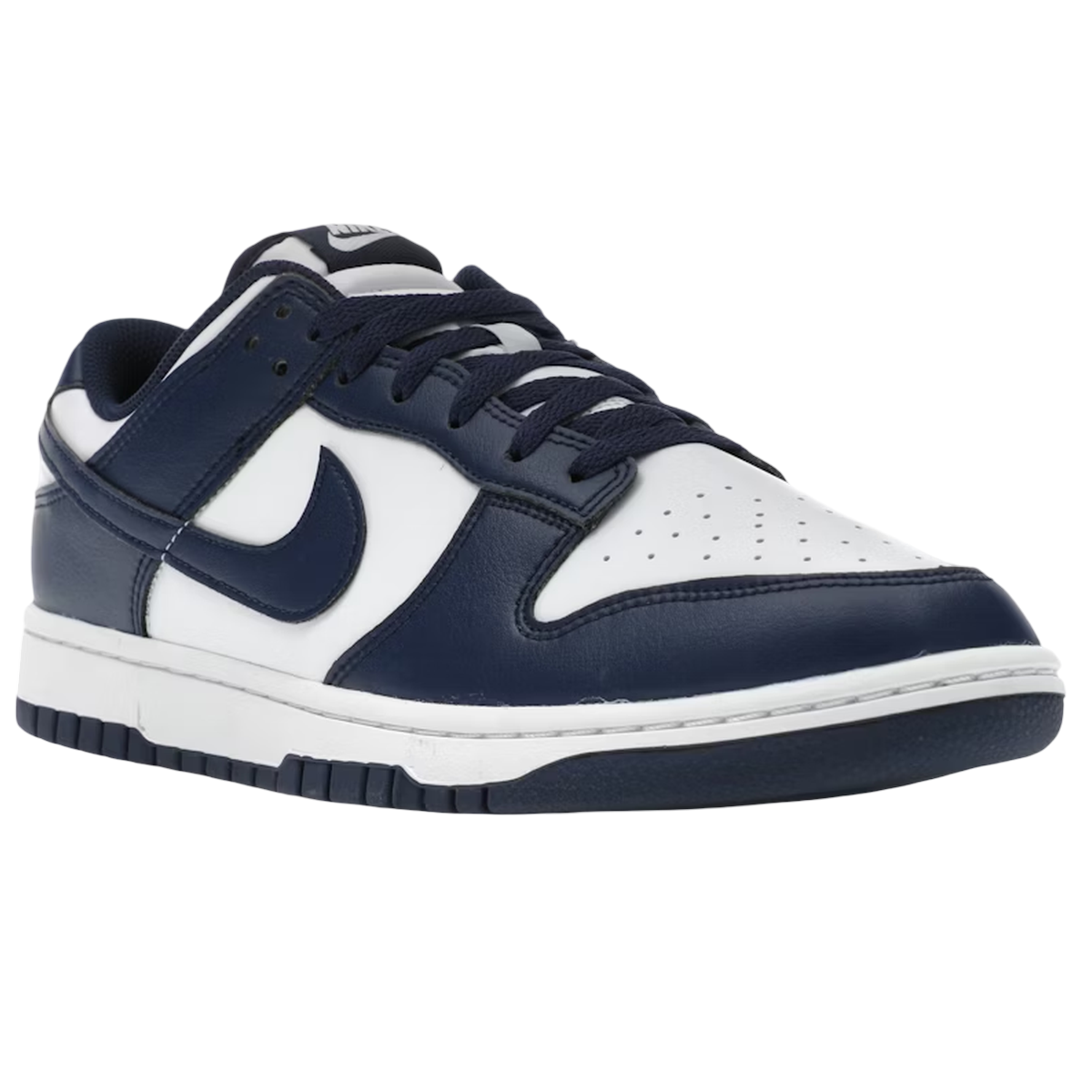 Nike Dunk Low White Midnight Navy sneakers i klassisk profil med glat hvid læderbase, mørkeblå overlays og matchende ydersål.