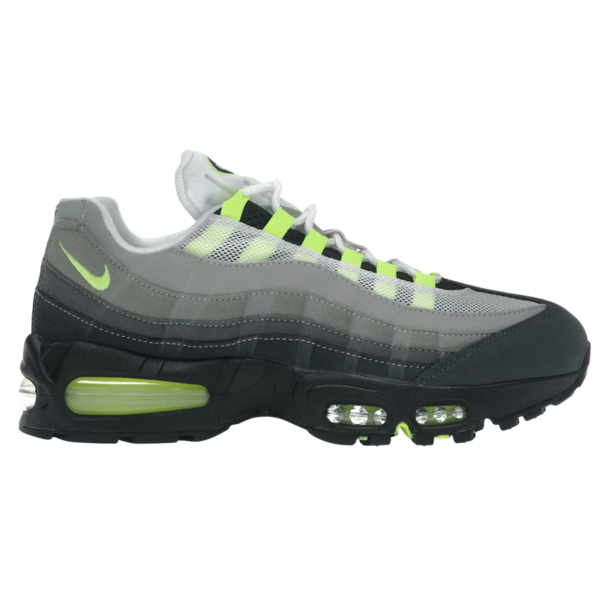Nike Air Max 95 OG Big Bubble Neon (2025/2026) sneakers i klassisk sideprofil med grå lagdelte paneler, neongrønne detaljer og synlig Air-sål.