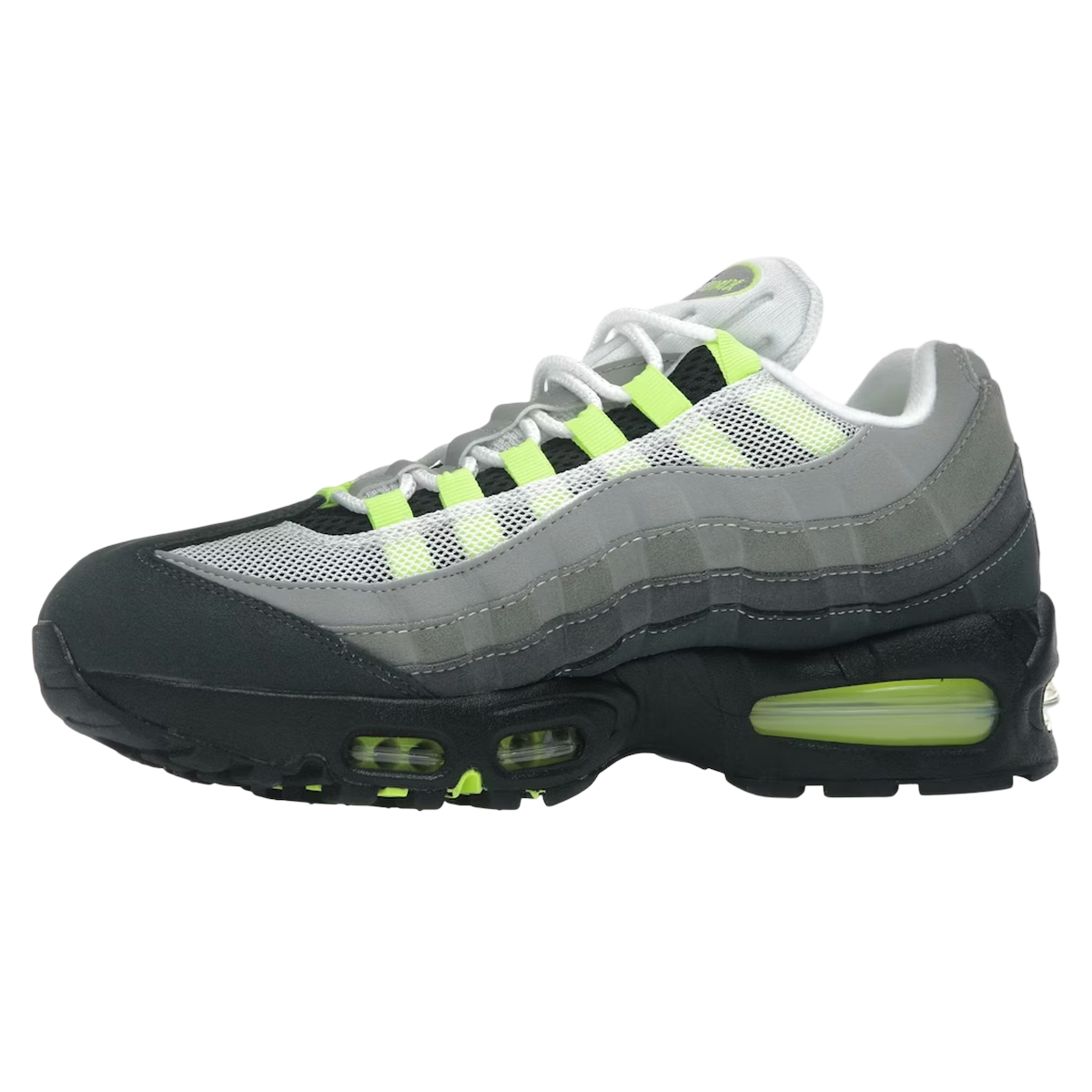 Nike Air Max 95 OG Big Bubble Neon 2025/2026 sneakers set fra siden med grå gradient overdel, neon detaljer og synlige Air enheder i sålen.
