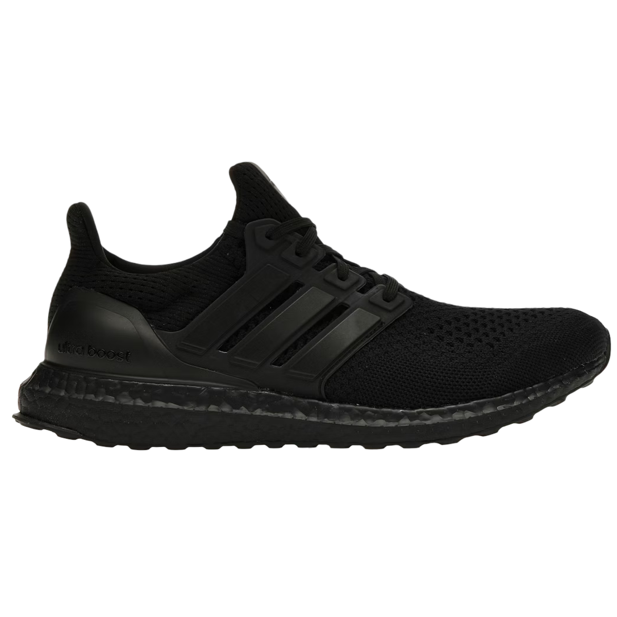Adidas Ultra Boost 1.0 DNA Triple Black sneakers set fra siden med sort overdel i tekstil, matchende snørebånd og ikonisk stødabsorberende sål