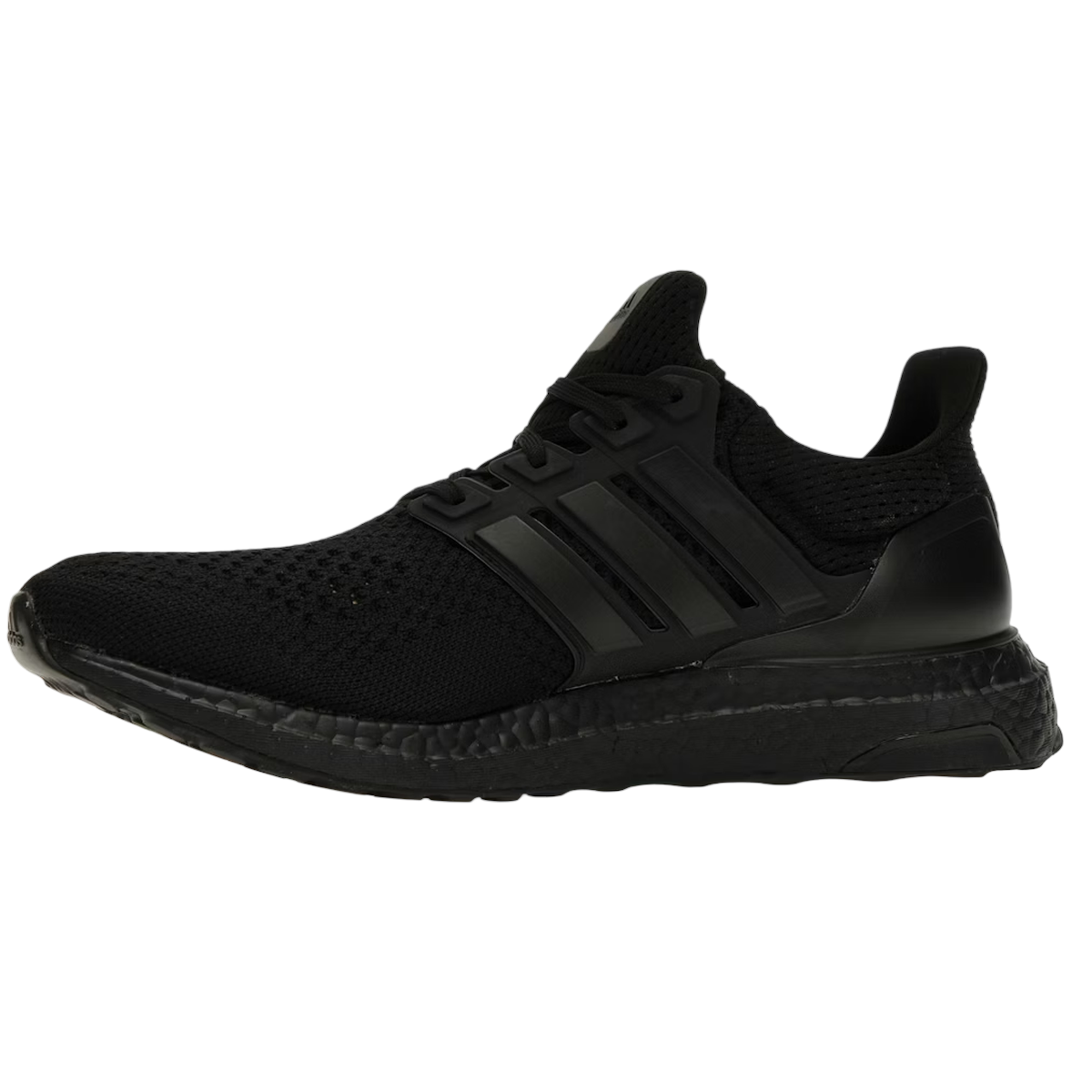 Adidas Ultra Boost 1.0 DNA Triple Black sneakers set fra siden med sort Primeknit-overdel, matchende bur og stødabsorberende Boost-mellemsål