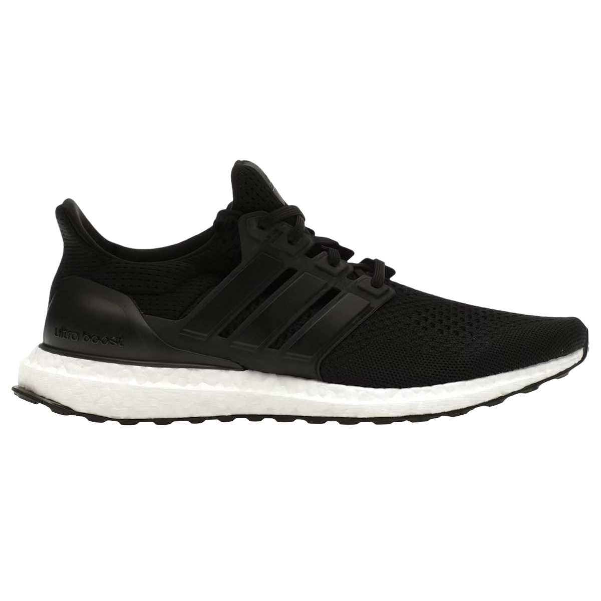 Adidas Ultra Boost 1.0 DNA Black sneakers set fra siden med sort strikket overdel, matchende hælkappe og responsiv hvid Boost-mellemsål