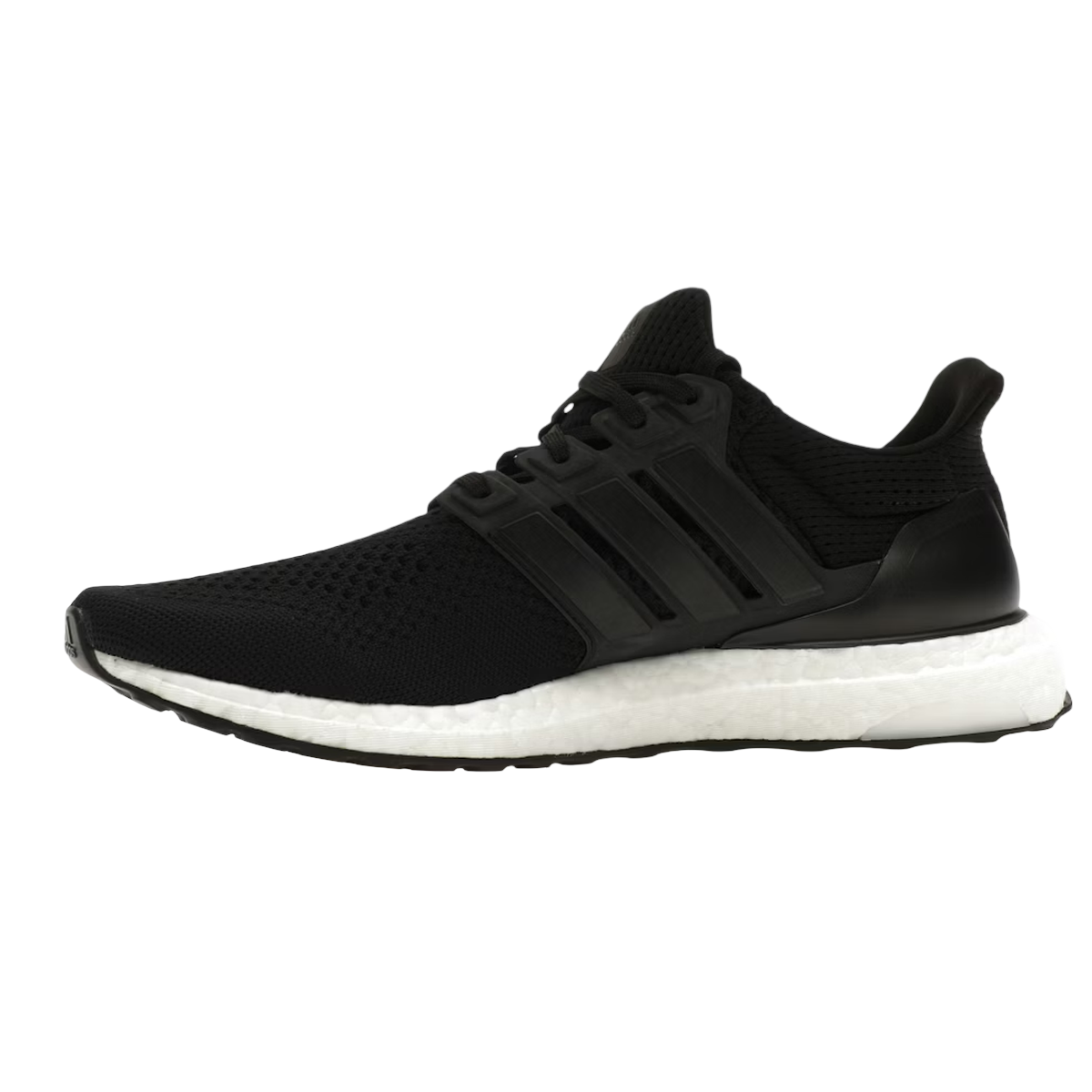 Adidas Ultra Boost 1.0 DNA Black sneakers set fra siden med sort strikket overdel, matchende sort mellemsål og klassiske snørebånd