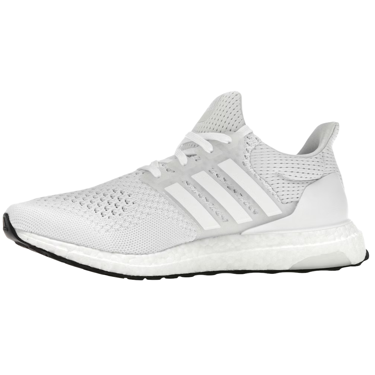 Adidas Ultra Boost 1.0 DNA Triple White sneakers vist fra siden med den ikoniske hvide overdel i strik, snørebånd og matchende hvid Boost-sål