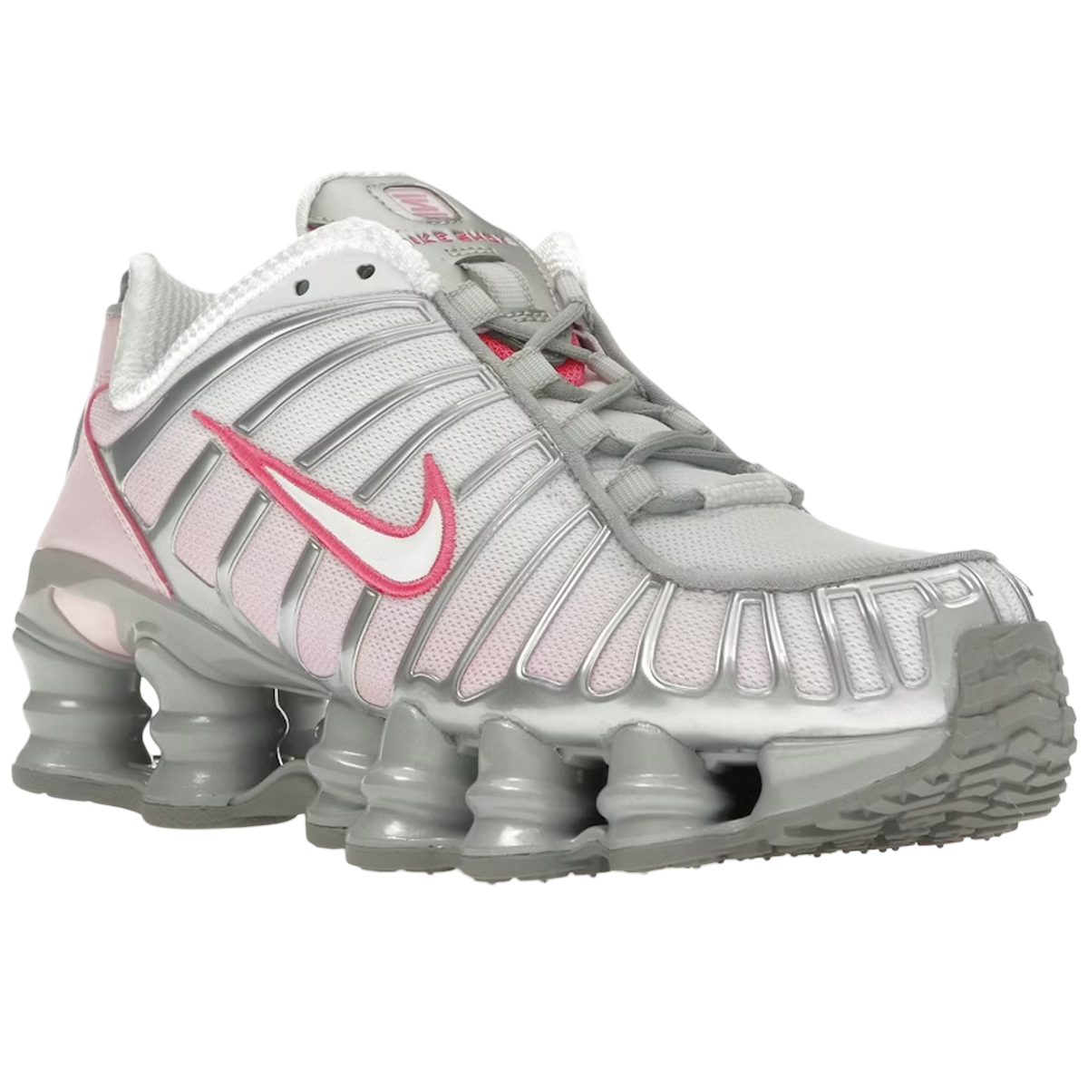 Nike Shox TL Pink Foam sneakers i sideprofil med lyserød mesh overdel og karakteristiske stødabsorberende søjler i sålen