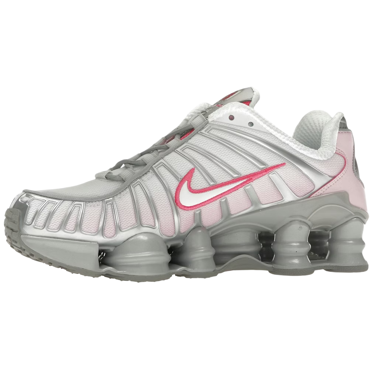 Nike Shox TL Pink Foam sneakers i vinkelret visning med pink overdel i mesh, støttende cage og ikoniske Shox-fjederenheder i hælen.