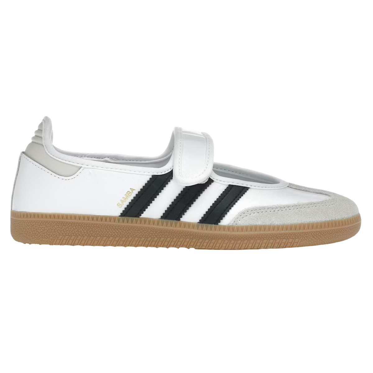 Adidas Samba Jane White Black Gum sneakers set fra siden med hvid læderoverdel, sorte striber og klassisk brun gummisål til et retro look