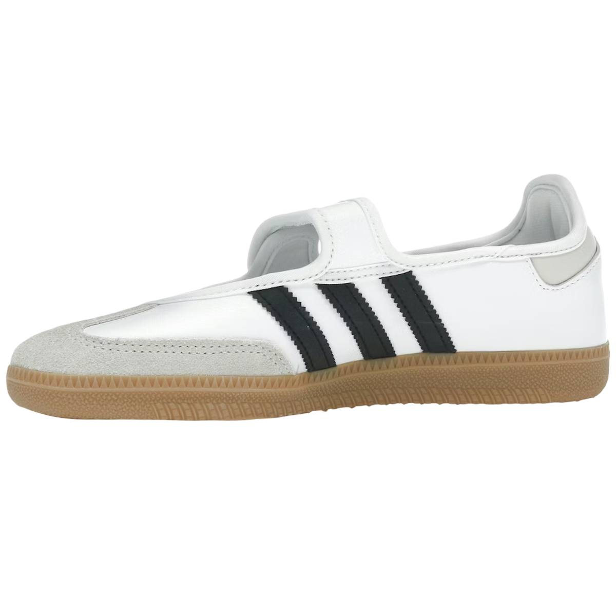 Adidas Samba Jane White Black Gum sneakers set fra siden med hvid læderoverdel, sorte striber og klassisk brun gummisål