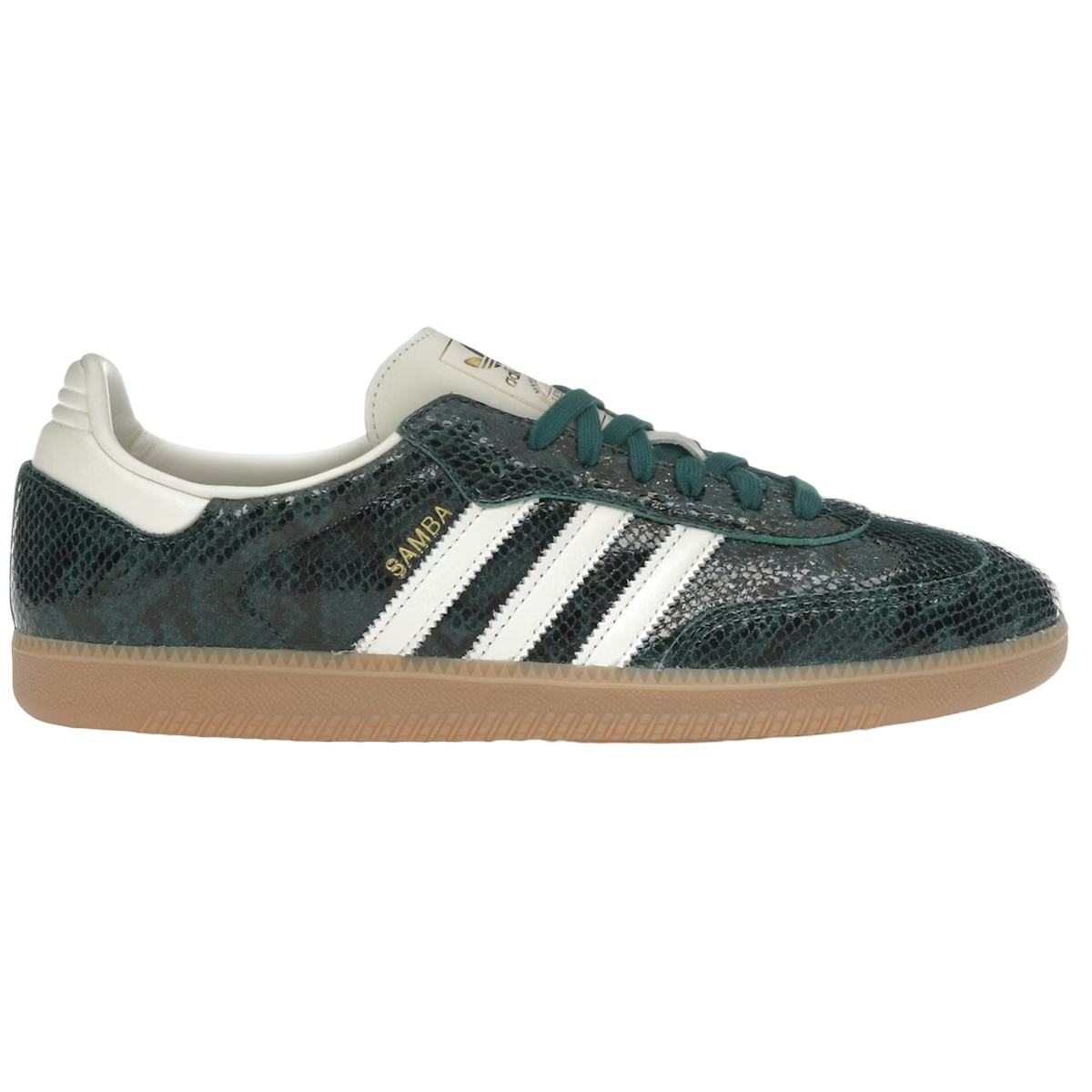 Adidas Samba OG Snakeskin Collegiate Green sneakers i profil med grønne snakeskin-detaljer, hvidt logo og klassisk gummisål