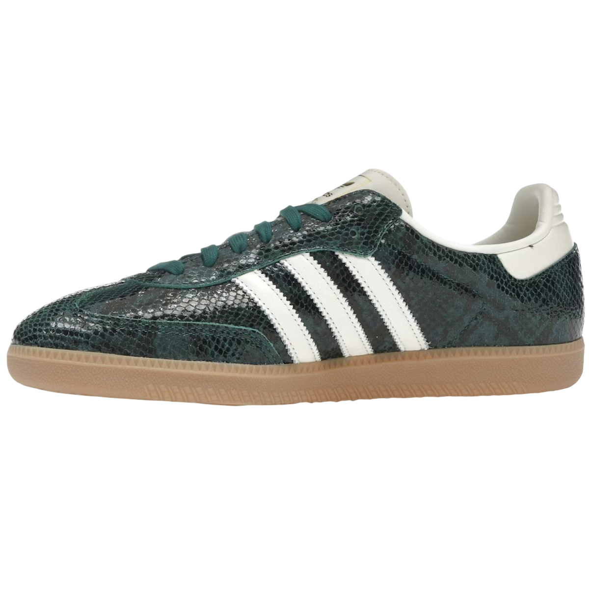 Adidas Samba OG Snakeskin Collegiate Green sneakers i profil med grønne slangeskindsdetaljer, sorte detaljer og klassisk gummisål